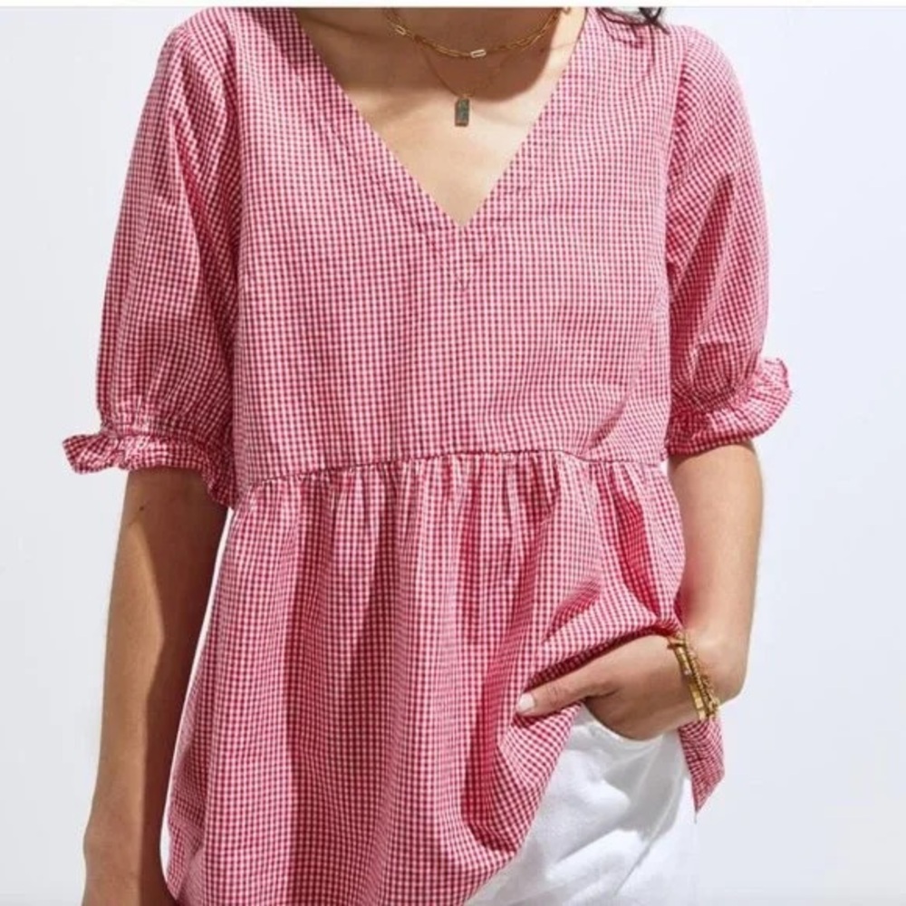 Anthropologie Pink and White Peplum Blouse with 3/4 Sleeves
